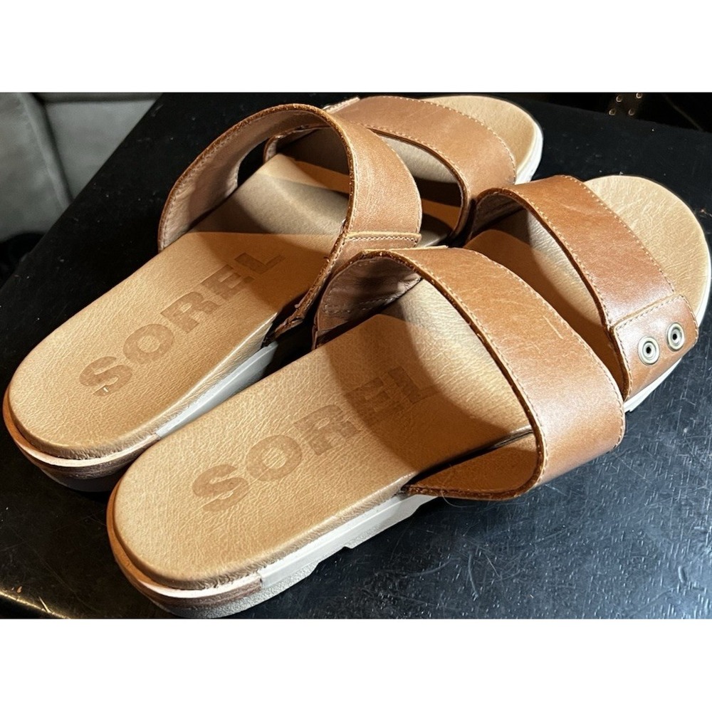 Sorel Torpeda Slide II Brown Leather Slip On Flat Boho Casual Sandals Size 10